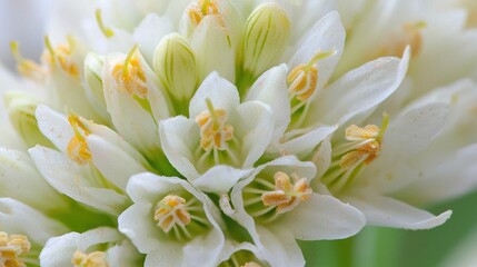 Fototapeta premium Close-up of a group of white flowers with yellow stamens. the flowers are arranged in a cluster, with some overlapping each other.