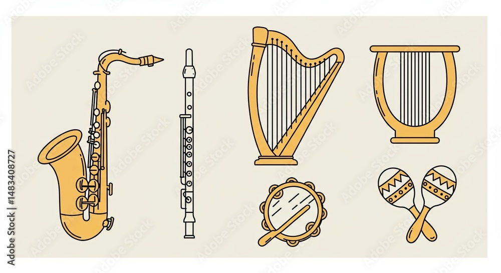 Poster Collection of musical instruments in a minimalist style with outlines and flat design