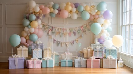 Pastel-toned party backdrop with balloons, banners, and gifts