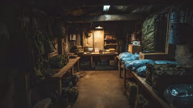 Underground bunker workshop cluttered with tools, parts, and dim lighting. Scene suggests post-apocalyptic preparation, survival, and technical resourcefulness.