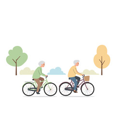 Obraz premium Elderly couple riding bicycles in a park during a sunny day . Vector illustration about health and physical activity of elderly people. Style - minimalism, pastel colors, white background.