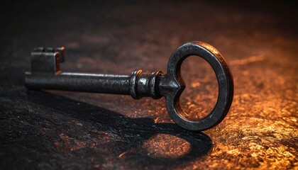 Antique Key Lying On Dark Surface With Dramatic Lighting