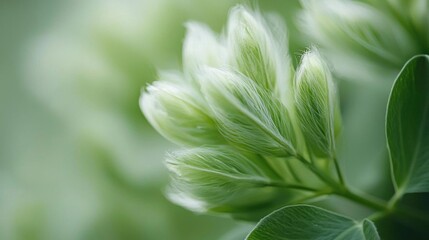 Obraz premium Close-up of a group of green leaves. the leaves are arranged in a cluster, with the tips of the leaves overlapping each other.
