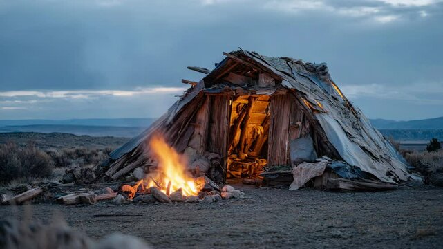 A burning shelter made from old wood and scrap materials stands in the middle of a barren plain. Smoke rises. This is a scene of survival, collapse, and forgotten dwellings.