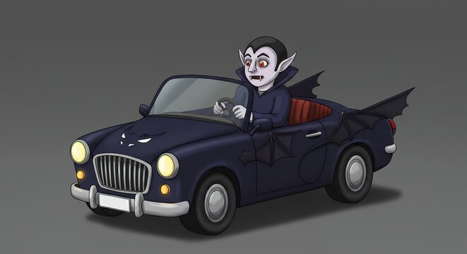 Cartoon vampire driving vintage car