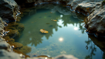 Pristine reflective pool on alluvial soil mirroring lush vegetation with perfect water surface details.
