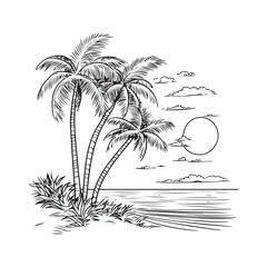 palm trees on the beach engraving outline vector art illustration design, palm tree silhouette, hand drawn beach drawing, line art palm tree, sea, beach, summer view, vintage palm tree on sea beach.