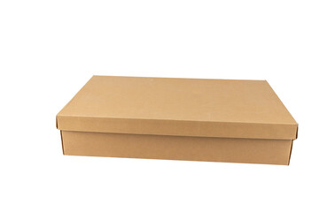 A wide and flat cardboard box stands facing forward on a white surface. Ideal for larger products or clothing.