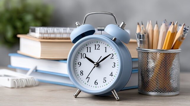 A blue alarm clock sits on a table surrounded by books and stationery, emphasizing time management for school or work productivity