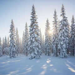 Fototapeta premium Snowy Spruce Forest in Winter Sunlight