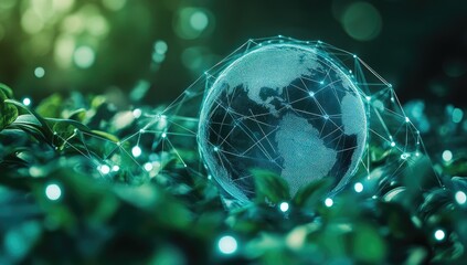 Global interconnectedness amidst nature.  A digital representation of the Earth, overlaid with a network of connections, nestled within lush greenery