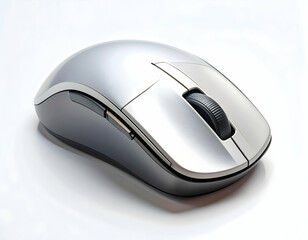 Wireless computer mouse on white background with buttons and scroll wheel