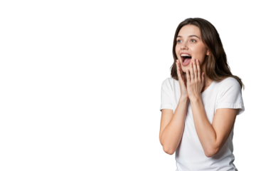 young european woman with long brown confused look hair wearing white t-shirt against png transparent background concept copy space text area available