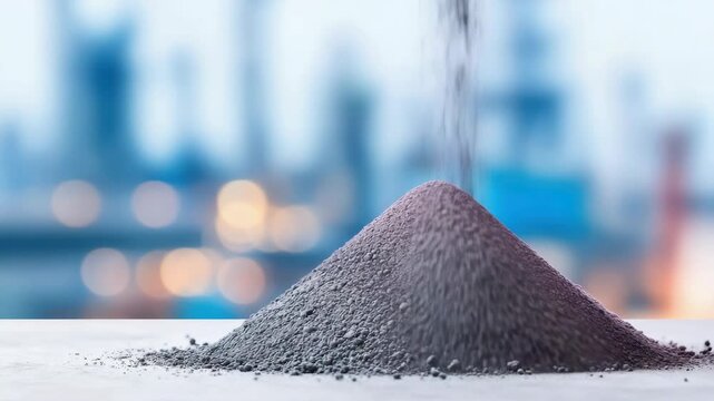 The growing demand and discovery of rare earth elements. Rare earth powder scattered on a surface, with a high-tech electronics factory in the background.