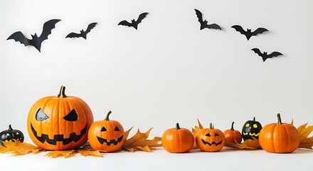 Festive Halloween scene with carved pumpkins and bats against a white background, perfect for autumnal celebrations and spooky decorations.