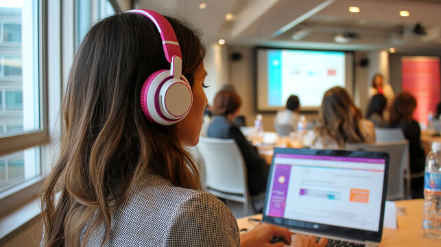 Focused female participant using laptop and headphones during business workshop