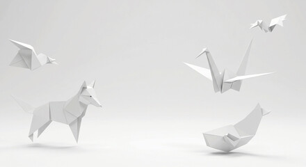Obraz premium minimalist white origami animals on a clean white background.