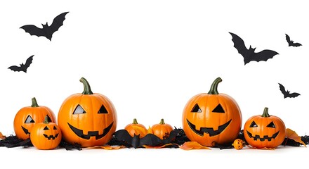 Festive Halloween pumpkins with carved faces and bats on a white background ideal for autumn decorations and spooky celebrations