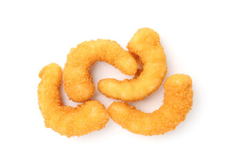 Many tasty tempura shrimps isolated on white, top view