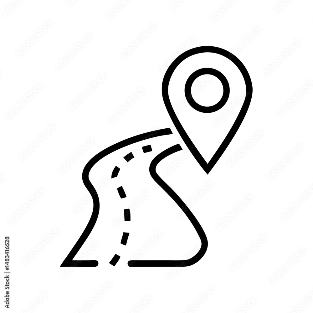 Poster road path with pin destination icon representing travel route, navigation, and location arrival