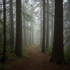 Obraz premium Misty Forest Path: A Moody Nature Scene