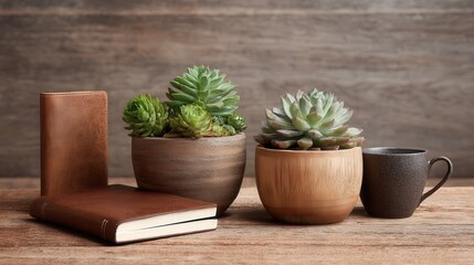 Succulent plants with a leather notebook and coffee mug on wooden table.