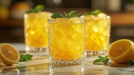 Fototapeta premium Refreshing iced tea drinks with lemon slices and mint