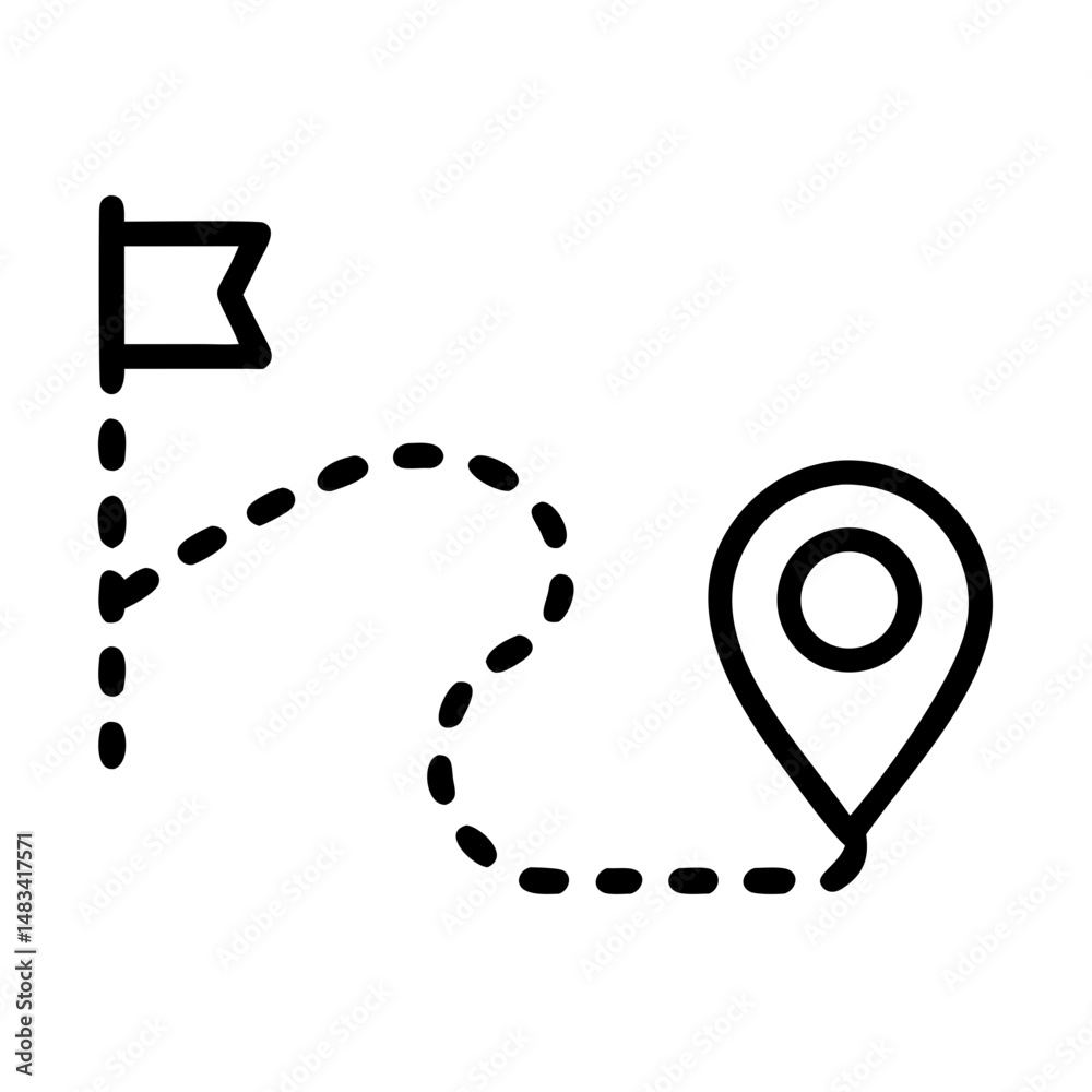 Poster route path with location flag icon representing travel destination, navigation route, and journey pl