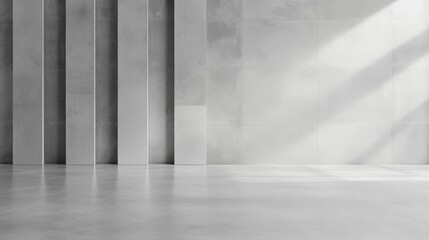 Empty room with a concrete floor and a wall on the right side. the wall is made up of multiple vertical columns that are arranged in a grid-like pattern.