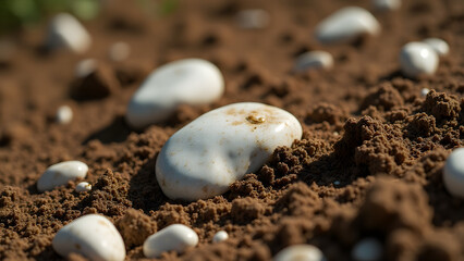 Moist loam soil with white quartz stones, detailed texture, natural contrast, gardening background, organic earth tones.