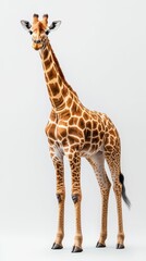 Obraz premium Giraffe standing gracefully against a plain background showcasing its unique patterns and stature