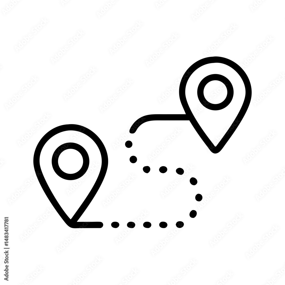 Poster route with two pin markers icon representing navigation path, travel direction, and location plannin
