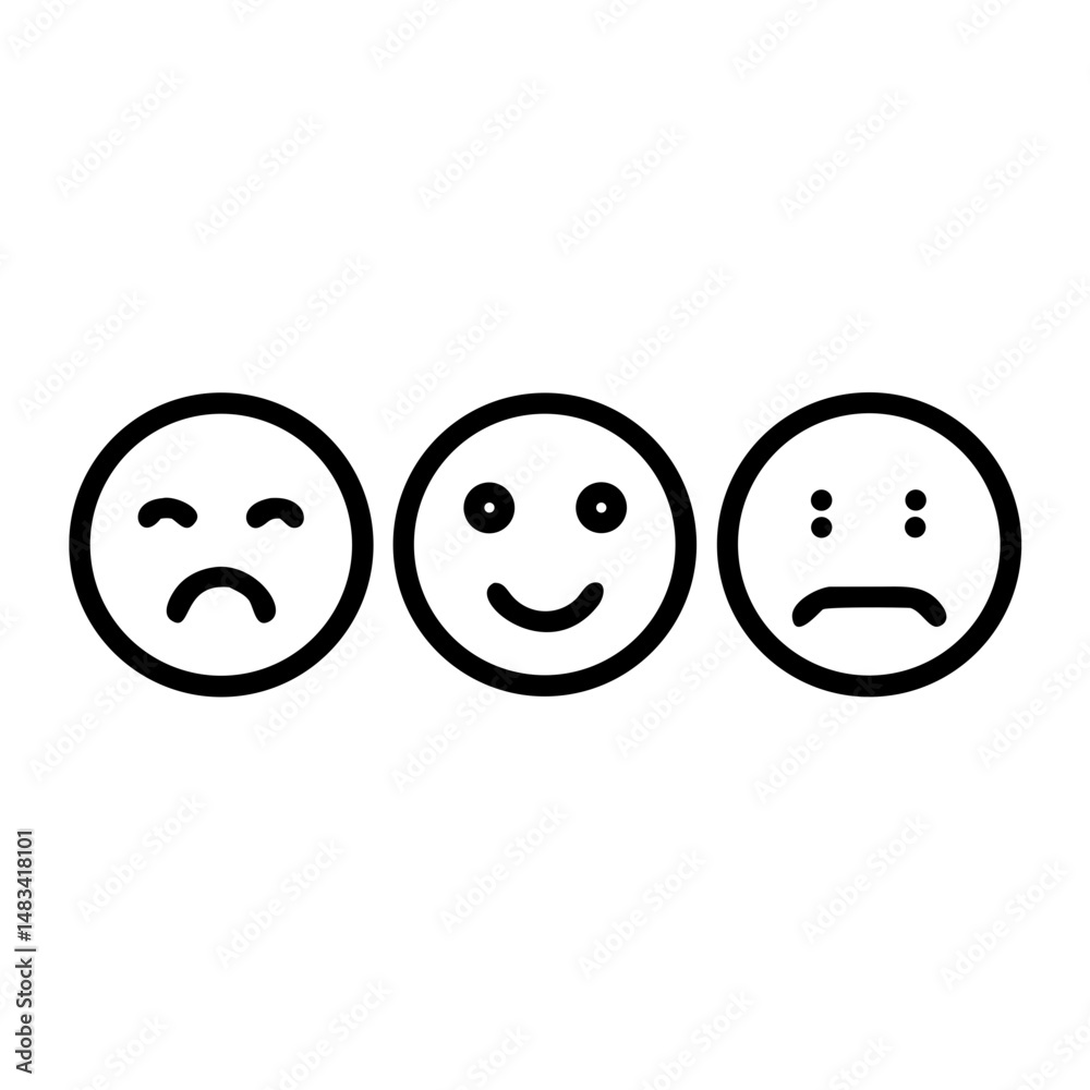 Poster sad and happy faces row icon representing emotional feedback, mood range, and user sentiment