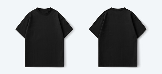 Black t-shirt, front and back view, flat lay of a regular t-shirt for mockup