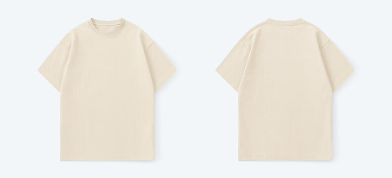 Cream t-shirt, front and back view, flat lay of a regular t-shirt for mockup
