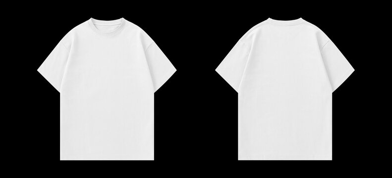 White t-shirt isolated on black background, front and back view, flat lay of a regular t-shirt for mockup