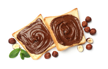 Toasts with chocolate hazelnut spread, nuts and mint isolated on white, top view
