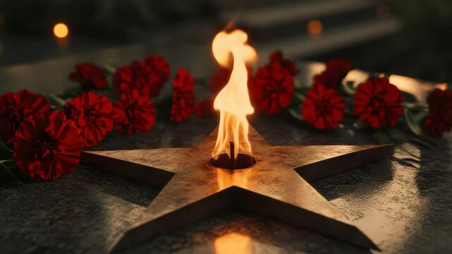 Eternal flame star, red carnations near, representing rememberance and respectful memory, with bokeh lights background