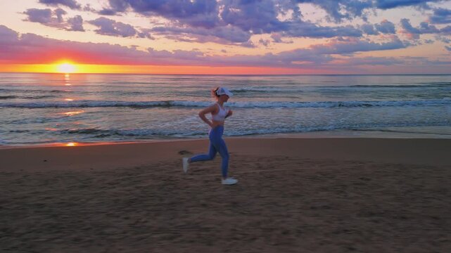 Female athlete running sandy beach, golden sunset glow, white top, blue leggings, visor, sneakers, training in luminous evening light.Sport outdoors concept, filmed by drone