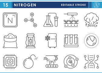 A set of line icons related to Nitrogen. Gas, atmosphere, industrial use, cloning, ammonia, genetics, and so on. Vector editable stroke.