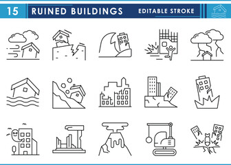 A set of line icons related to Ruined Buildings. Ruins, destruction, earthquake, war, lightning, ancient, and so on. Vector editable stroke.