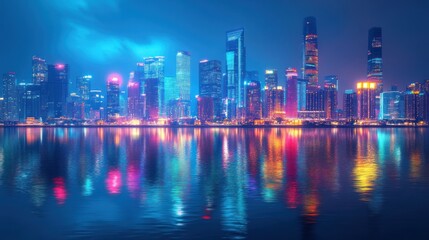 Fototapeta premium Night Cityscape Reflection: A Vibrant Metropolis at Night