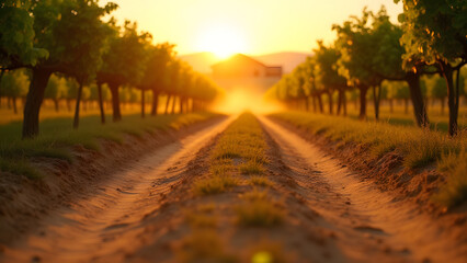 Sunset vineyard path with loamy soil, warm earth tones, agricultural landscape, rural scenery backdrop.