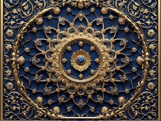Golden floral ornament intricately details this dark blue background. Great for elegant designs, patterns, or luxurious branding.