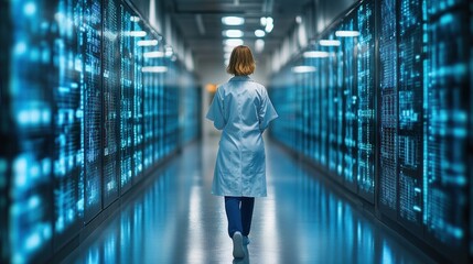 A scientist walks through a high-tech server room
