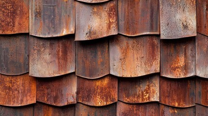Close-up of a roof made of corrugated metal sheets. the sheets are arranged in a grid-like pattern, with each sheet overlapping the one below it.