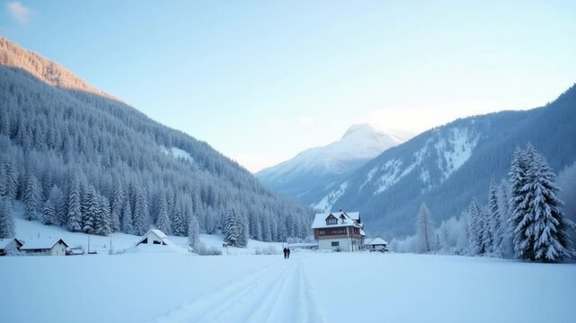 Carpathian mountains covered with snow and strong wind. Clear frosty weather