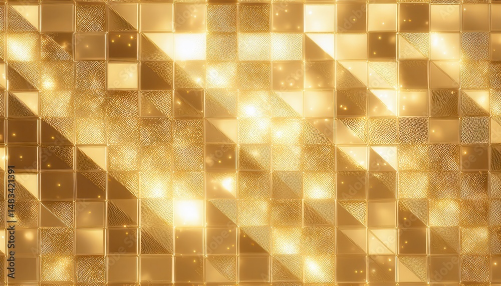 Poster luxury golden mosaic tiles background with glowing light reflections for web design, branding, print