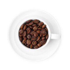 Aromatic coffee beans in cup isolated on white, top view