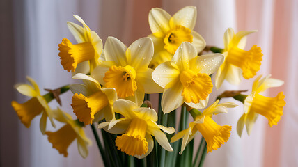 Obraz premium Yellow daffodils spread in a fan shape across a blush pink background with detailed close-up and soft shadows